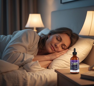 Woman sleeping peacefully with Yu Sleep on the nightstand