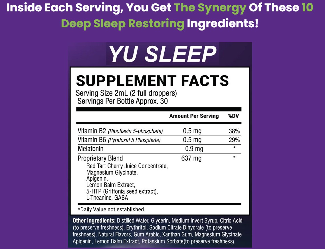 Yu Sleep supplement facts label